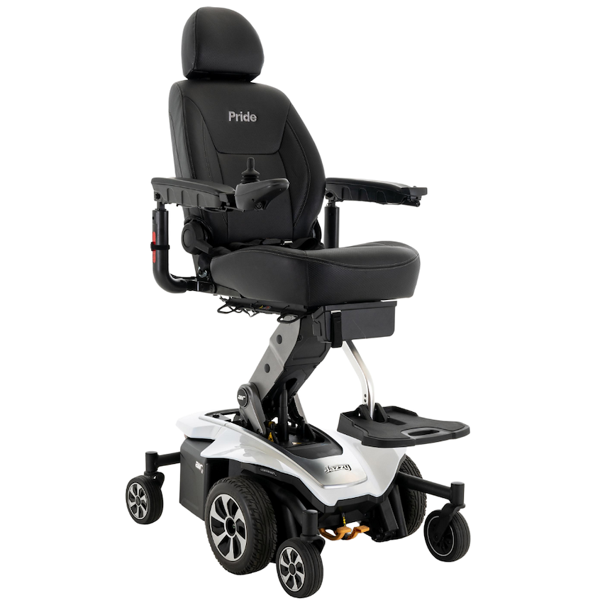 Jazzy Air 2 Extended Range in Pearl White Jazzy Air 2 extended range elevating power wheelchair by Pride Mobility