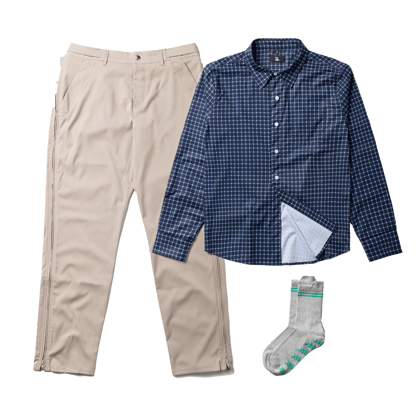 Chinos, Magnetic Button Down Shirt, and Gripper Socks